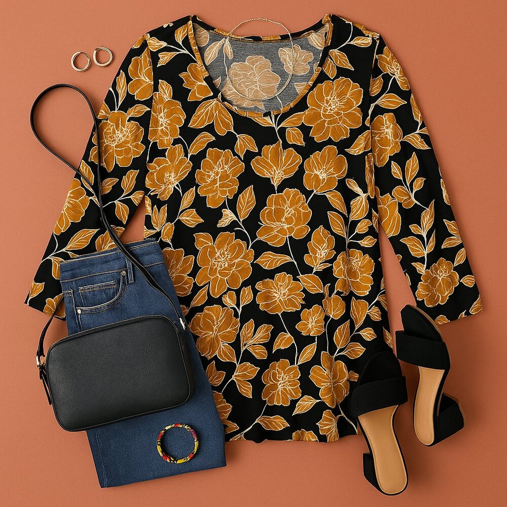 Cato, Knit Top, Women's 18-20W, Black & Gold Floral, Graphic, Plus Size